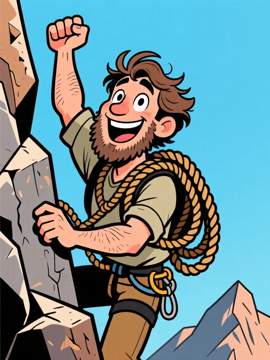 A charming portrait of a rugged mountain climber gripping a rock face, one hand triumphantly raised, a coil of rope over his shoulder.