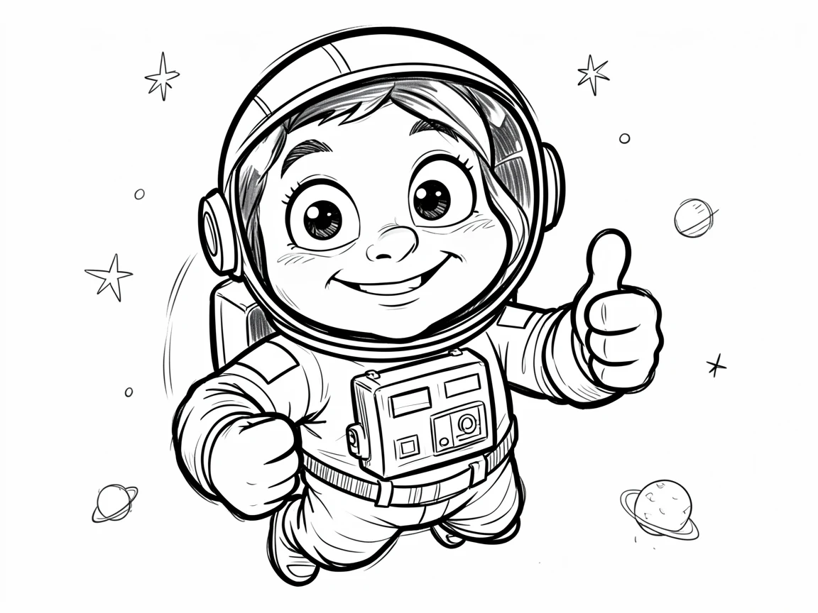 [People Portraits & Characters] Portrait of a curious astronaut floating weightlessly while giving a thumbs up, full of personality and charm