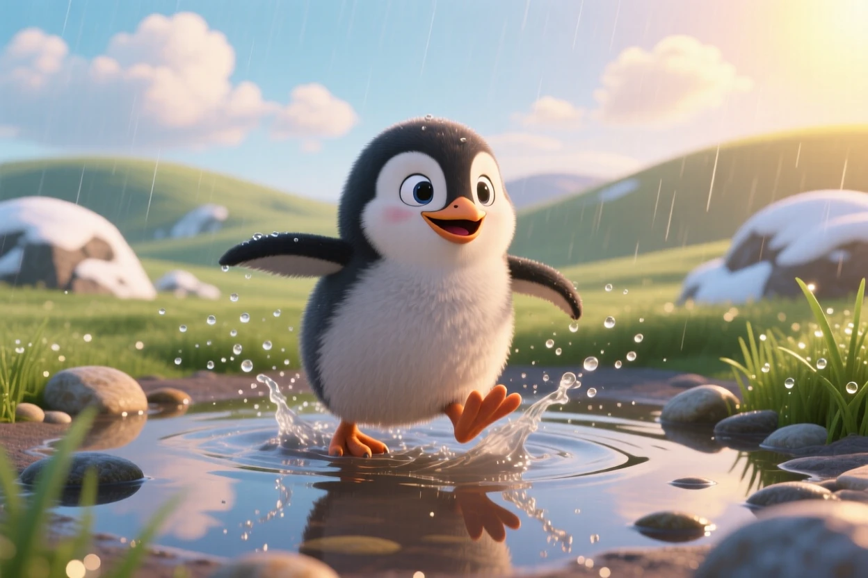 A penguin chick is splashing in a shallow puddle after rain, reaching out a tiny paw. The mood is soft, tender, and endearing, with its whiskers twitching gently.
