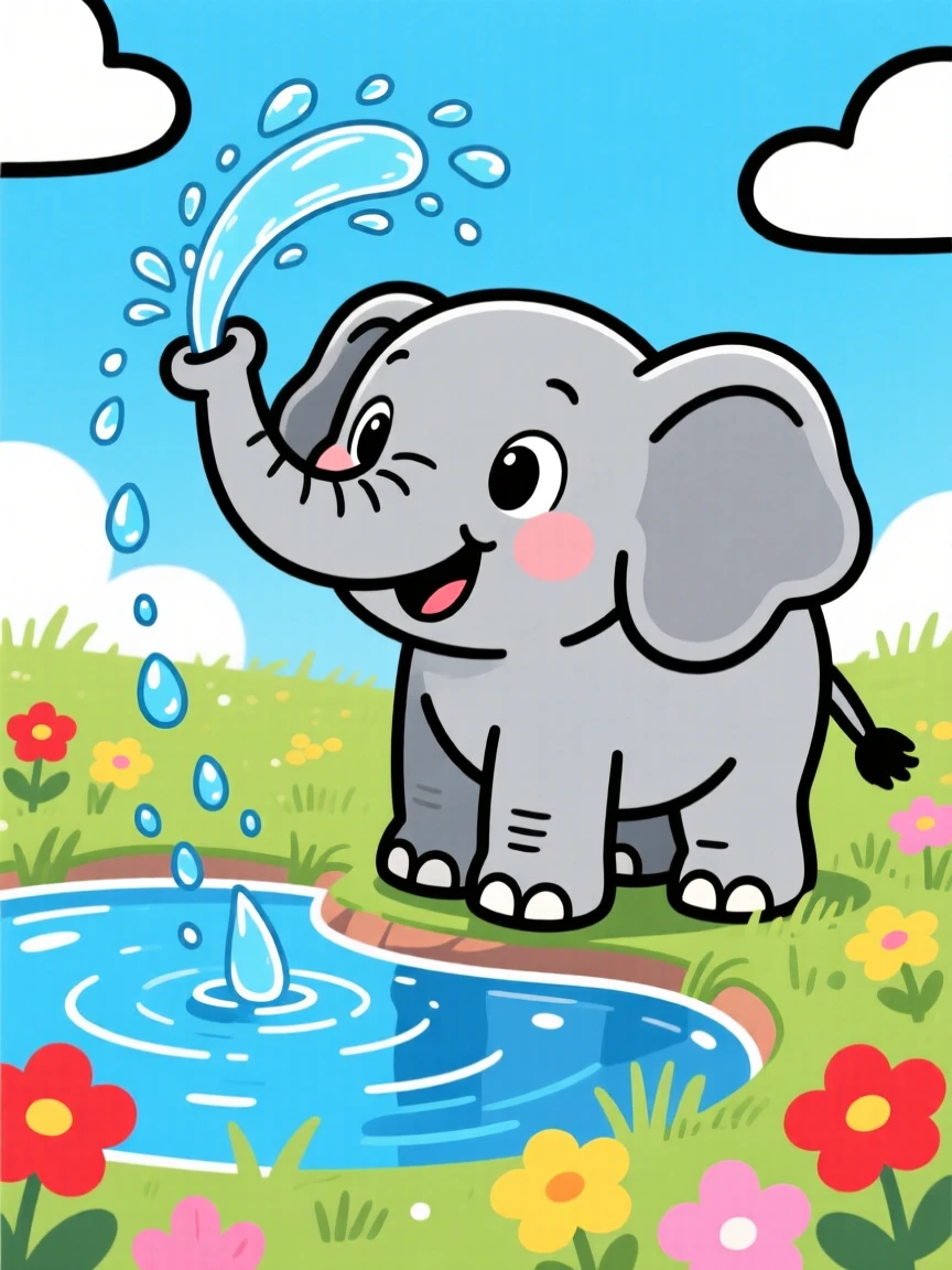 A baby elephant spraying water from a small pond with its trunk.