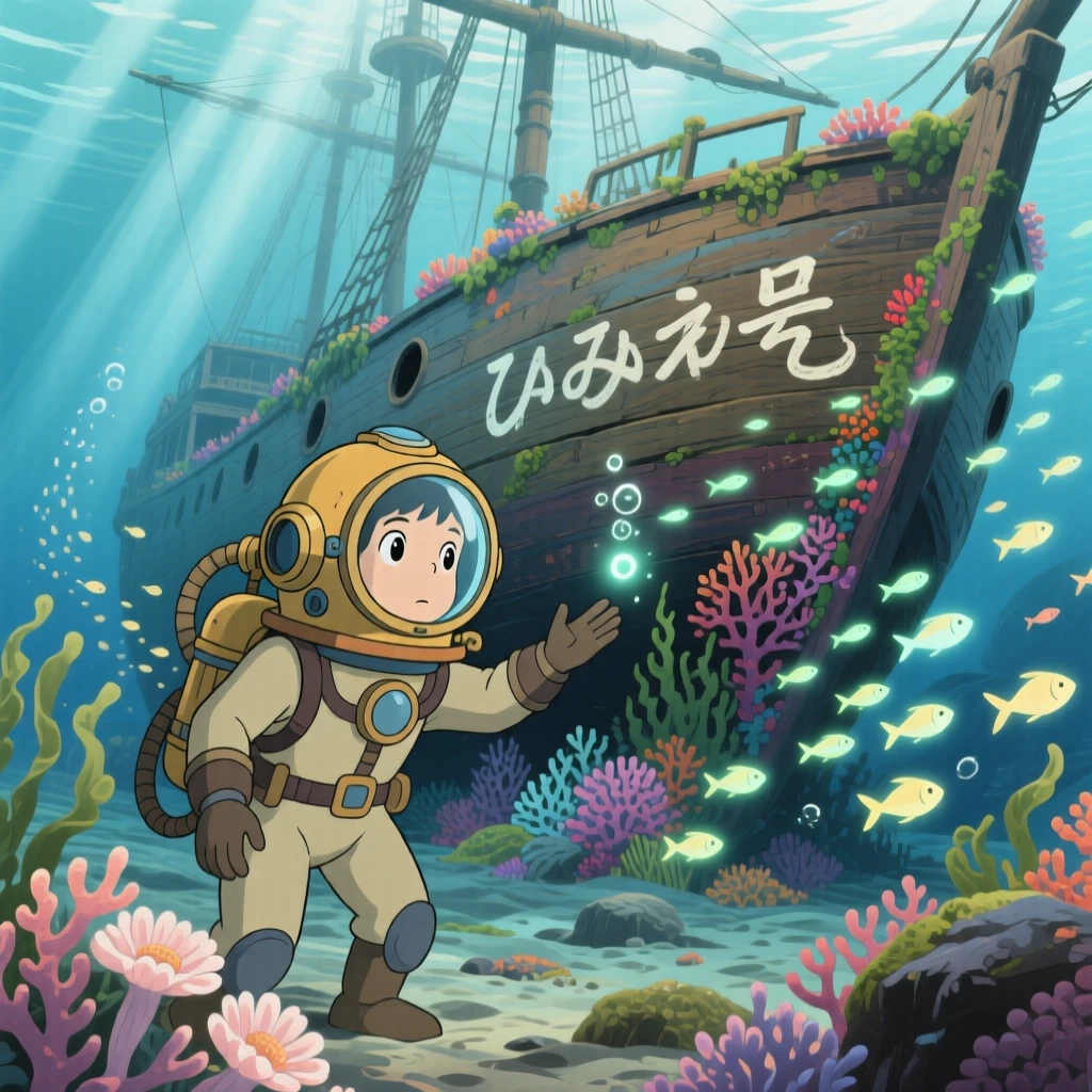 A diver discovering a sunken ship covered in coral, the moment charged with curiosity.