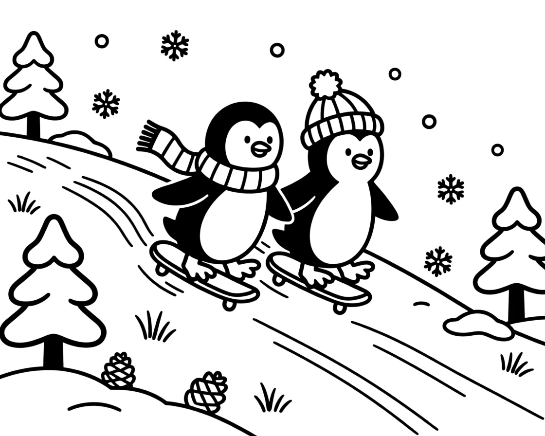 A pair of penguins sliding down a snowy hill together