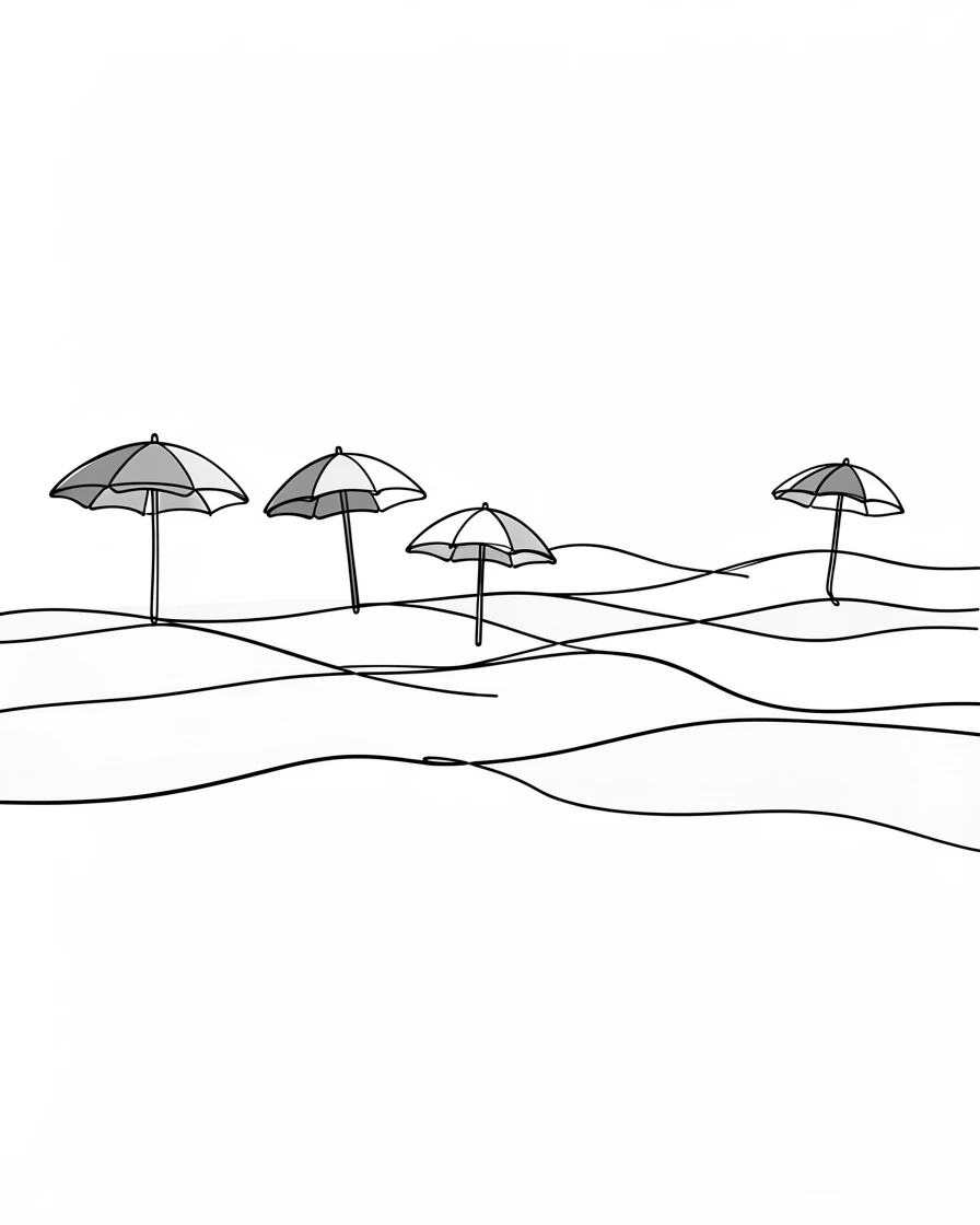 A wide sandy beach dotted with colorful beach umbrellas and rolling waves