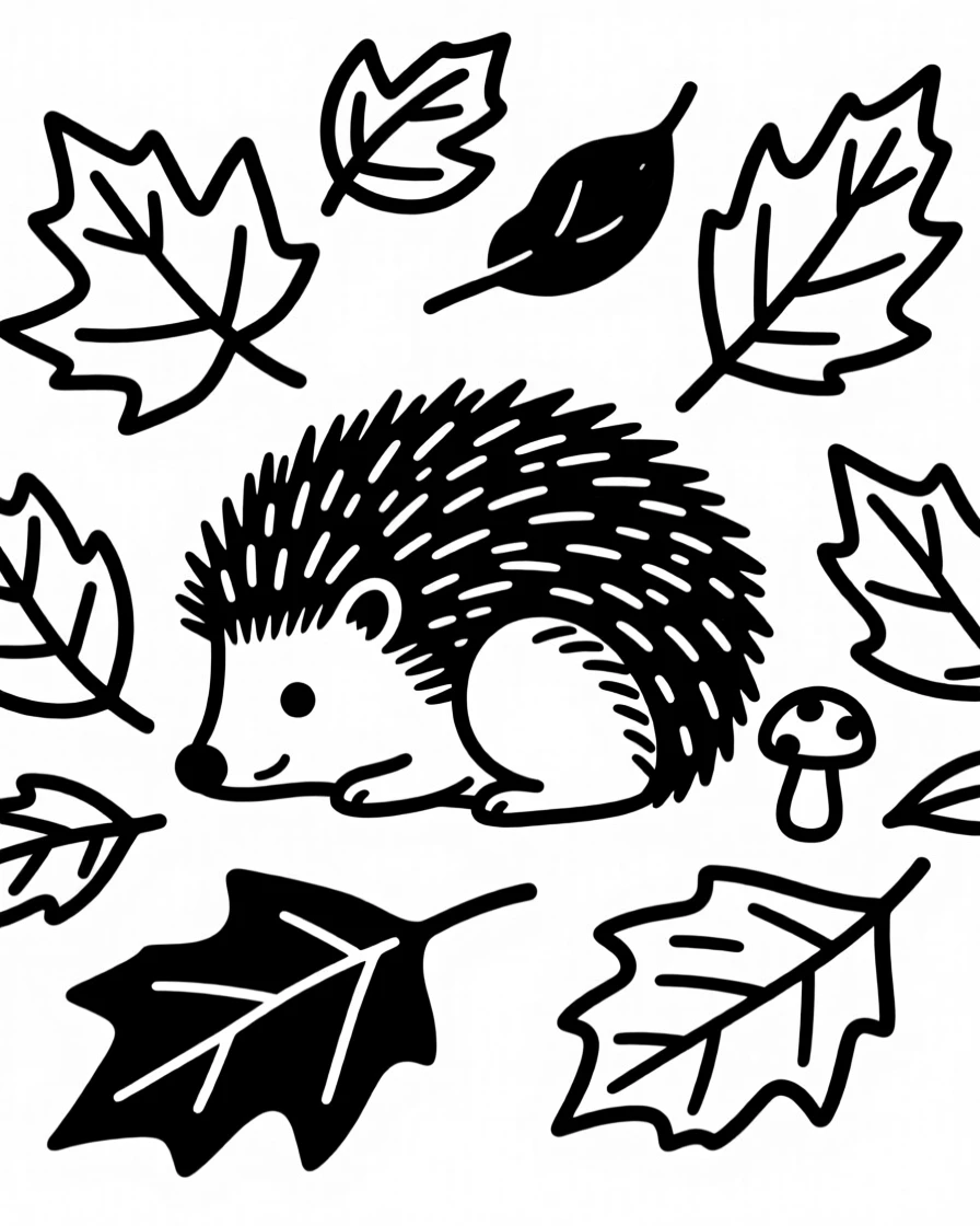 A hedgehog curled among fallen autumn leaves next to a small mushroom.