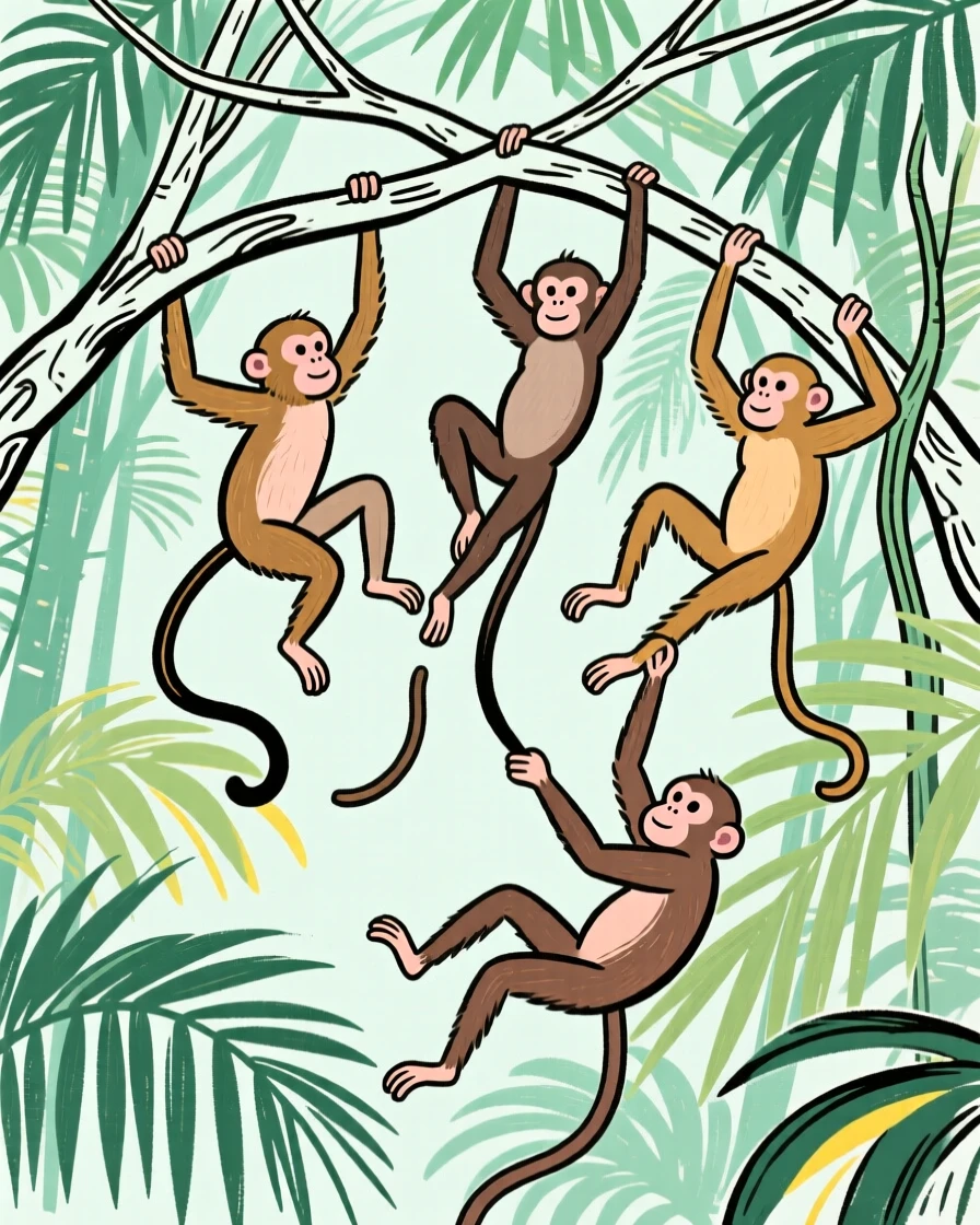 A group of monkeys swinging between branches in a dense jungle canopy.