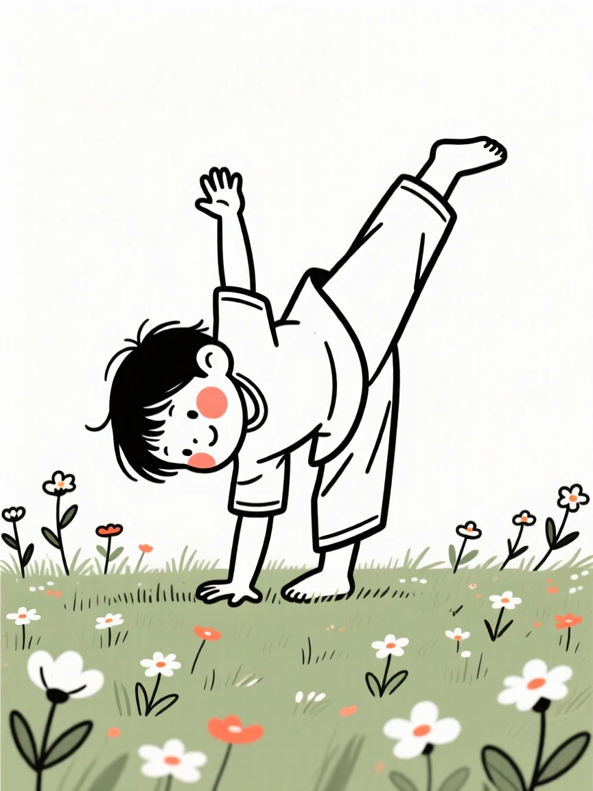 A small child of Indian heritage practicing a cartwheel on the lawn, in a field of wildflowers.