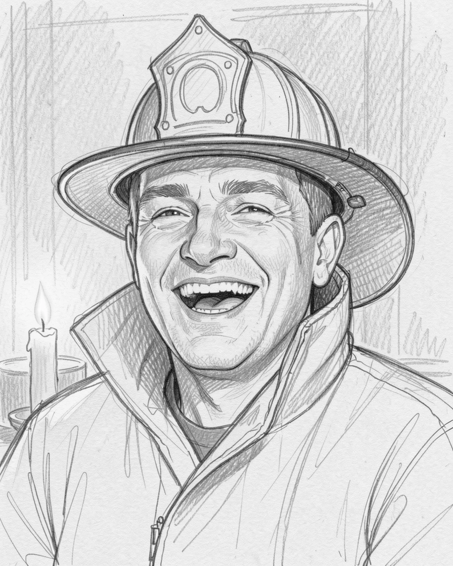 Close-up portrait of a stoic firefighter in a candlelit room, laughing with pure delight.