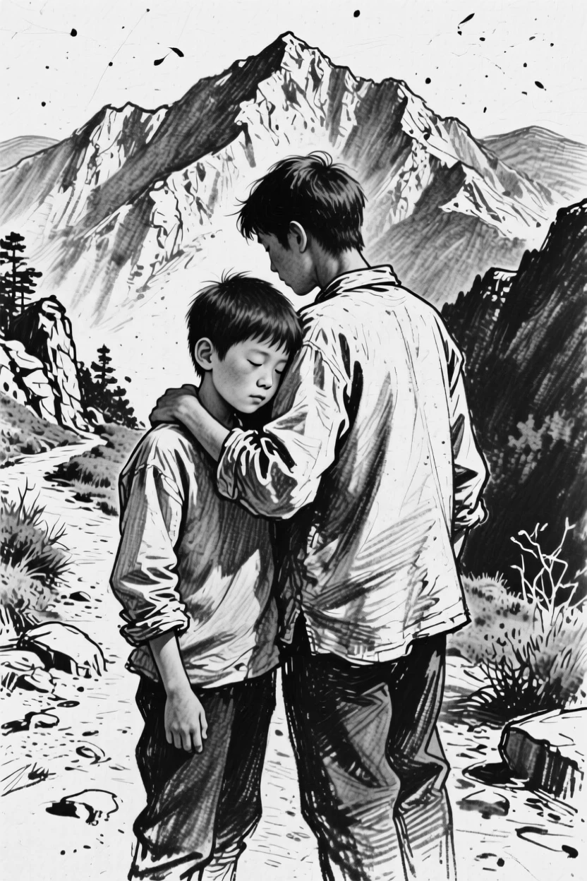 A young boy resting their head on a partner's shoulder, on a mountain trail.