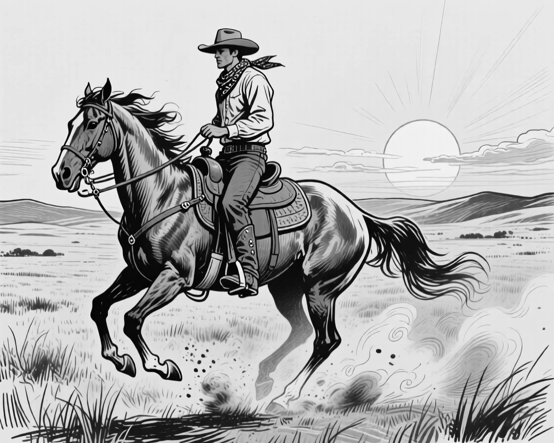 A cowboy riding on horseback across an open plain at sunset, dust rising behind the horse's hooves.