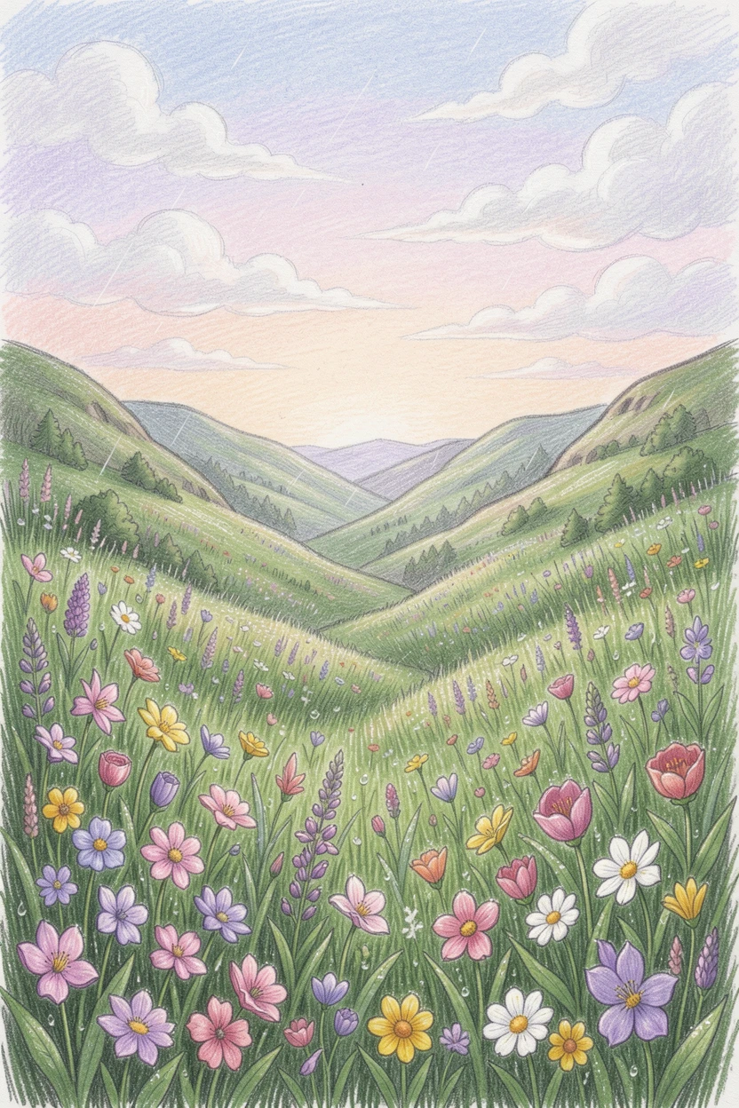 A hidden valley filled with blooming wildflowers after spring rain, with soft clouds drifting across a pastel-colored sky, evoking a deep sense of peace and quiet wonder.
