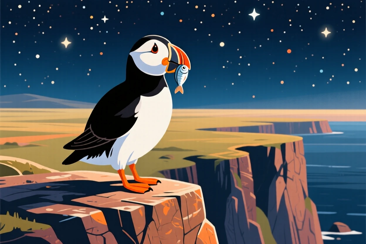 A cheerful puffin standing on a cliff edge with fish in its beak, set against a starry night sky over open plains, captured in profile with soft rim lighting, with vivid, richly saturated colors that pop.