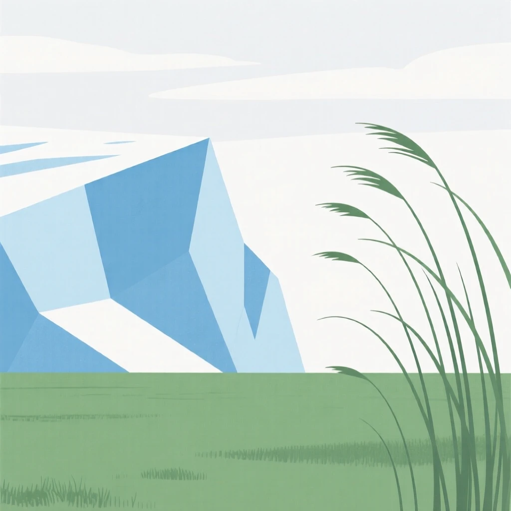 A glacier, standing at the edge of a spring meadow after rain, with tall grass bending in the wind nearby, evokes quiet solitude.