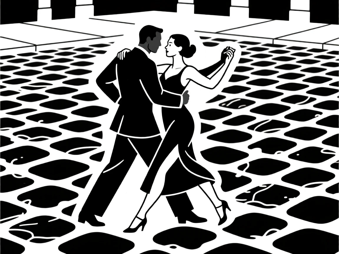 A tango couple dancing in a cobblestone plaza.
