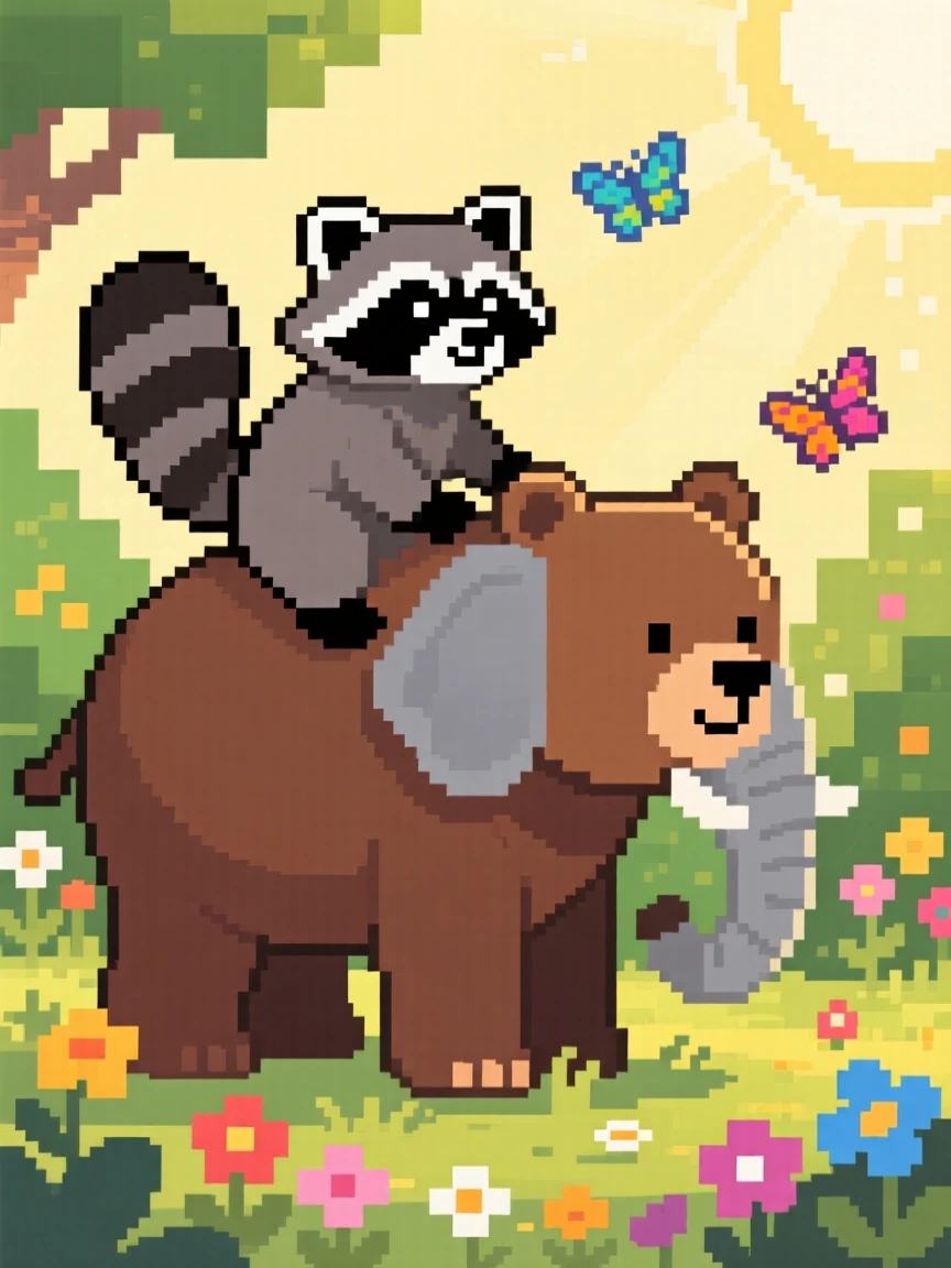 A curious raccoon riding on the back of a larger friendly animal, in a sunlit garden with butterflies nearby.