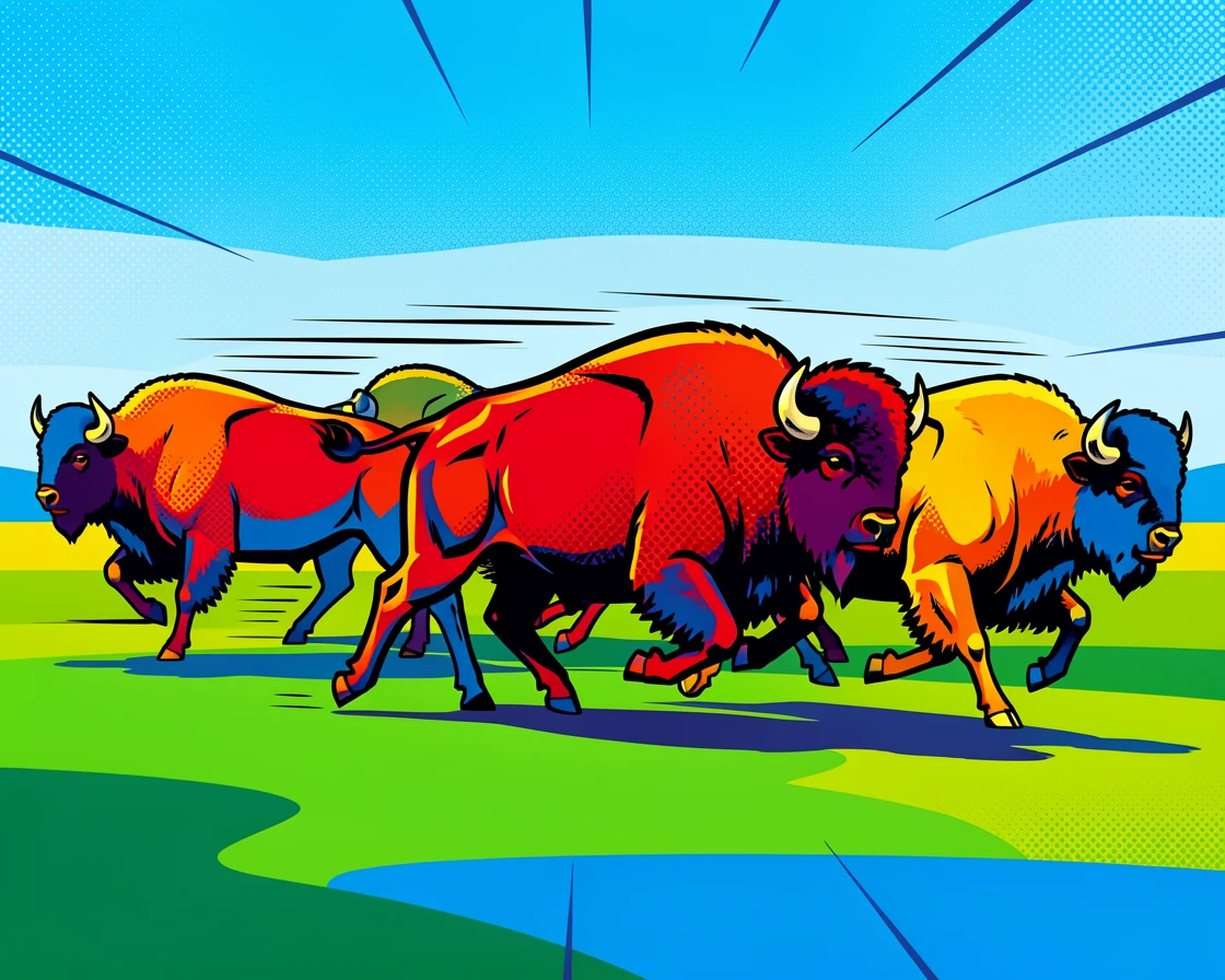 A herd of bison bounding playfully across an open field