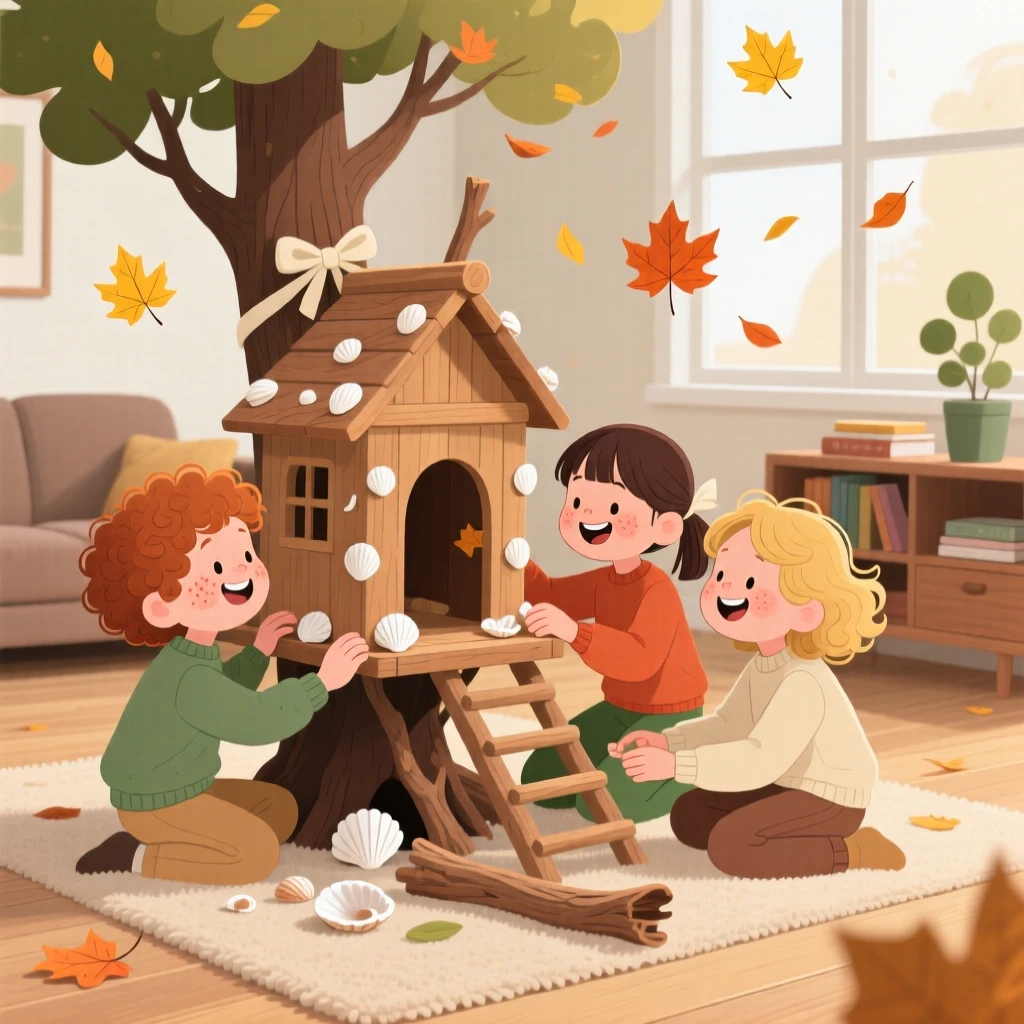A trio of children build a treehouse out of driftwood and shells in the living room floor, laughing as the wind sends leaves scattering everywhere.