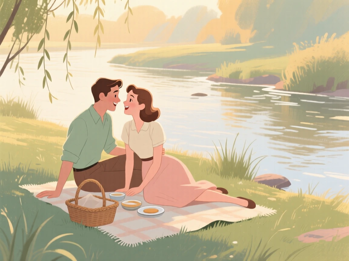 A young couple picnicking beside a river on a warm afternoon