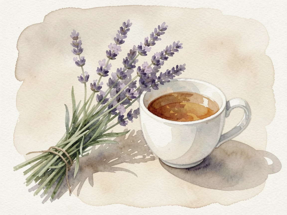 A bunch of lavender sprigs against a soft neutral backdrop beside a cup of tea.