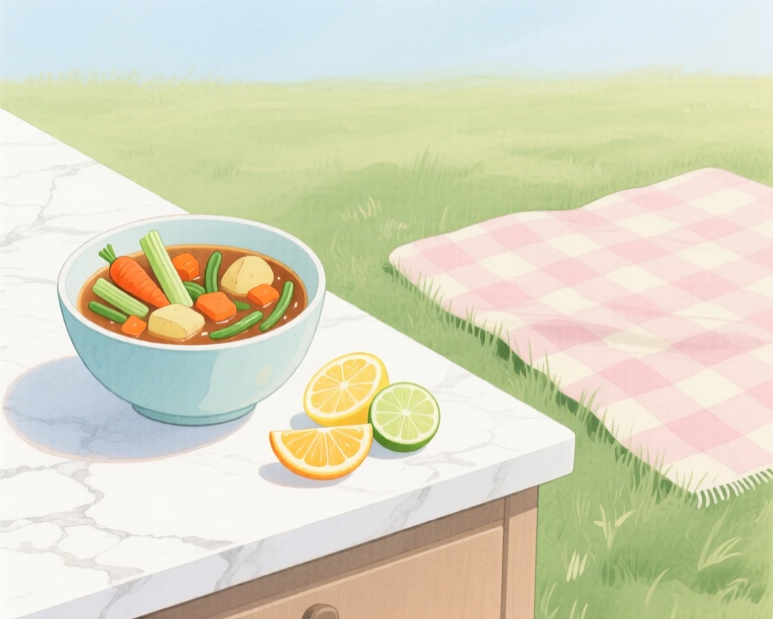 A bowl of hearty vegetable soup sits on a marble counter beside citrus slices on a picnic blanket in a meadow, arranged beautifully for a delightful meal