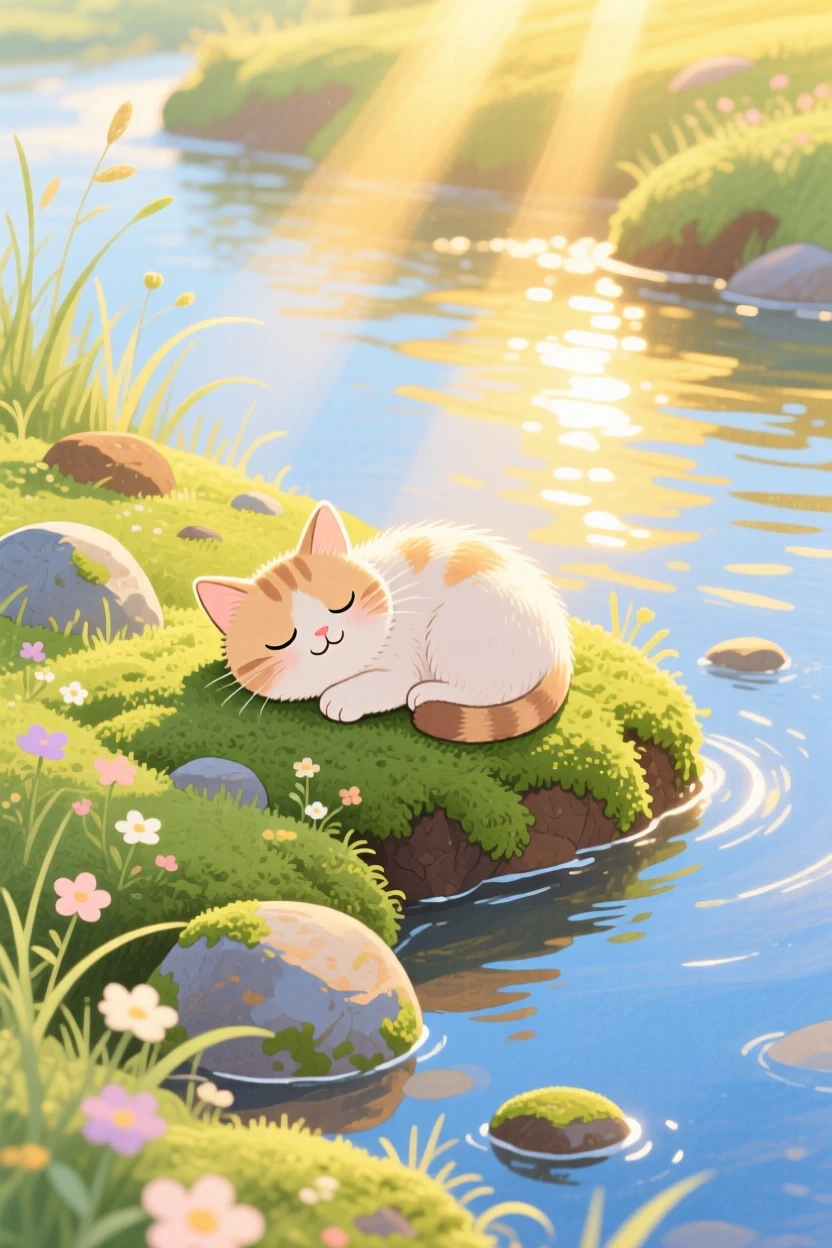 A kitten napping in a sunbeam exploring a mossy riverbank at the golden hour.
