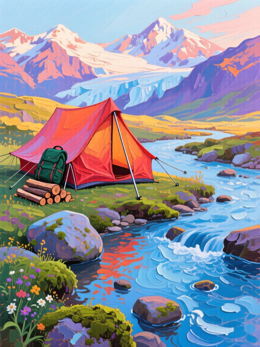 a small tent beside a glacial stream, during a quiet late afternoon, with a clear foreground, subject, and distant setting.
