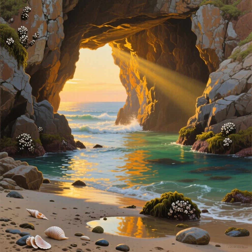 A coastal sea cave with sunlight streaming through a rock arch, as golden hour light spills across the entire scene, capturing the raw power and quiet majesty of untouched nature