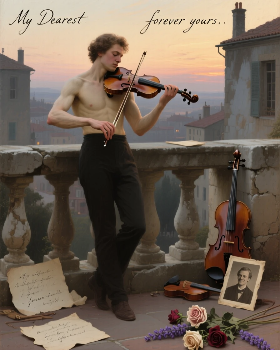 A violinist pausing mid-performance, eyes closed in concentration caught between one breath and the next, set on a stone balcony overlooking a quiet town at dusk, surrounded by scattered letters, a faded photograph, and dried flowers; the hands are given equal storytelling weight alongside the face, conveying quiet dignity and inner life.