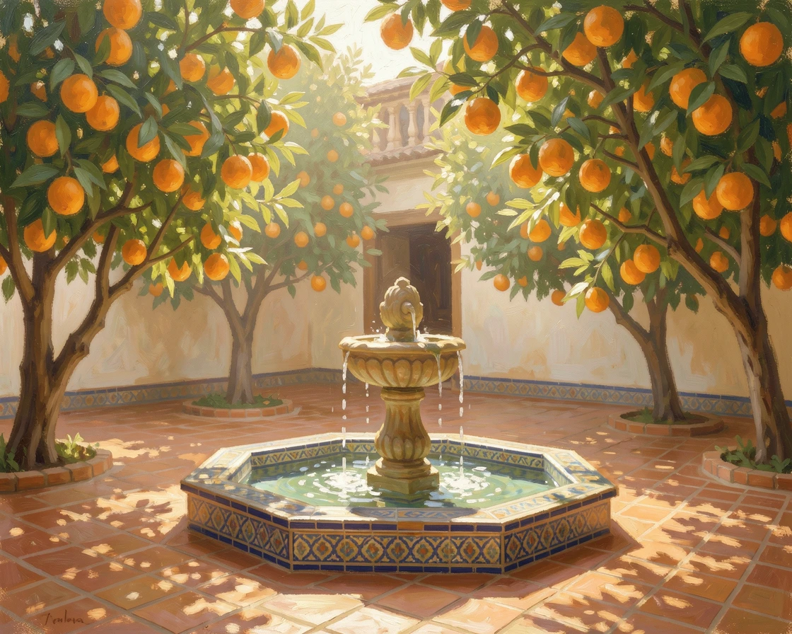 A traditional Andalusian courtyard filled with orange trees, a tiled fountain trickling softly in the shade.