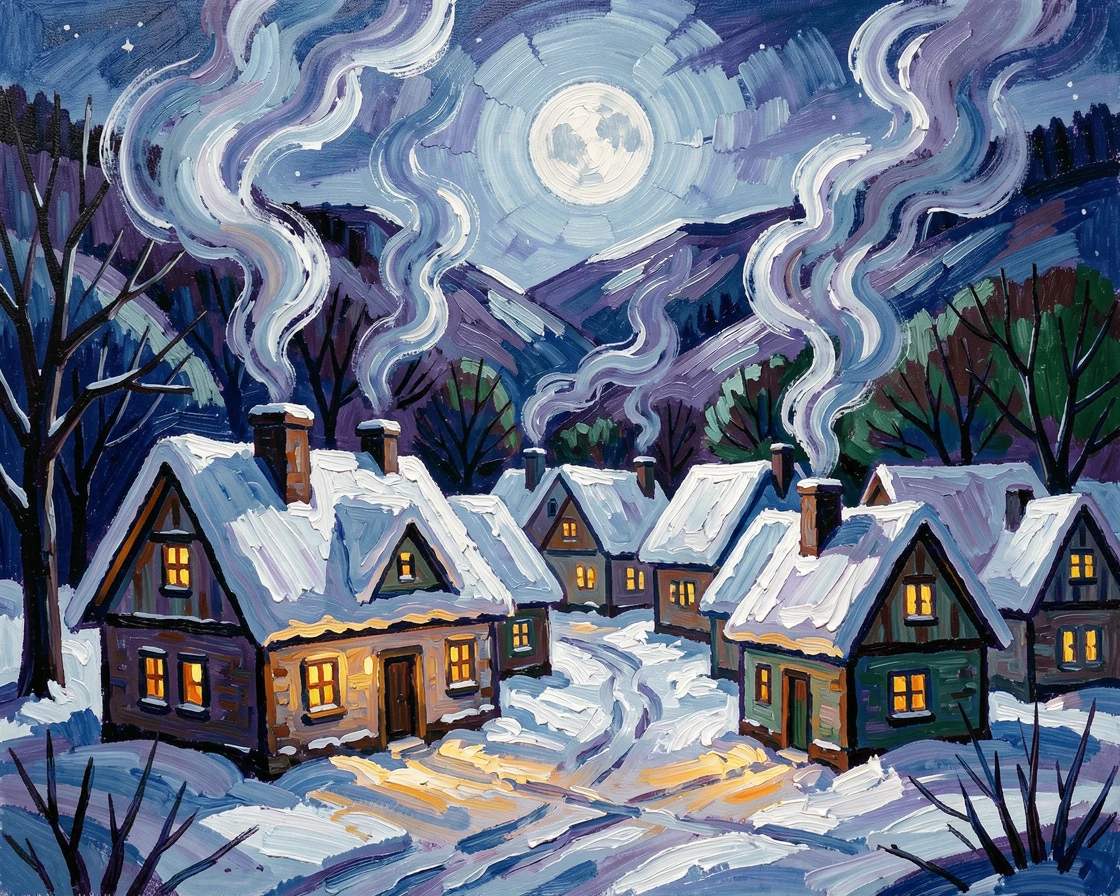 A snowy village nestled in a valley, smoke rising from chimneys under a full winter moon.