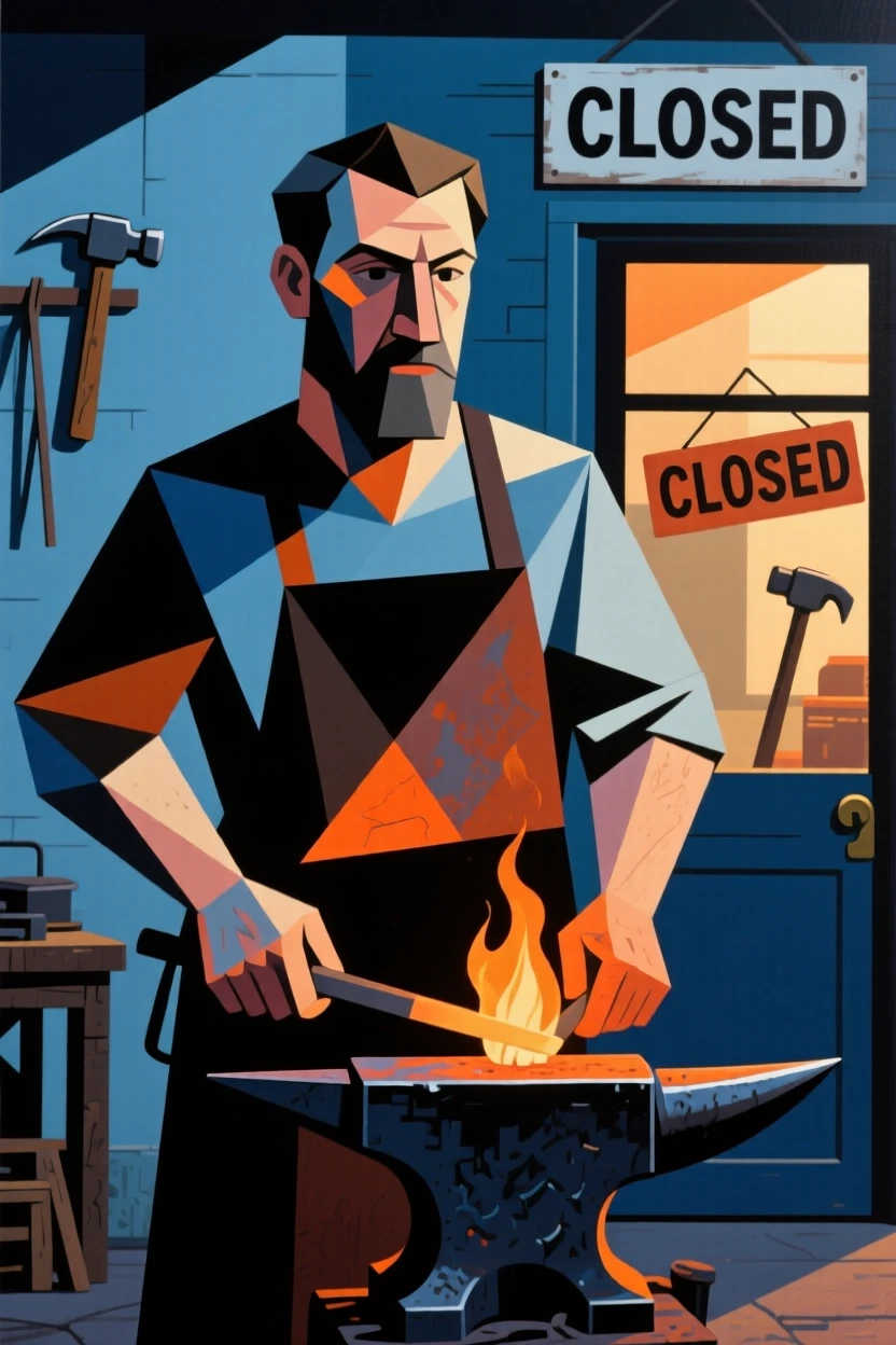 A medium shot portrait of a blacksmith on a quiet evening after closing up shop, focused and content in the craft.