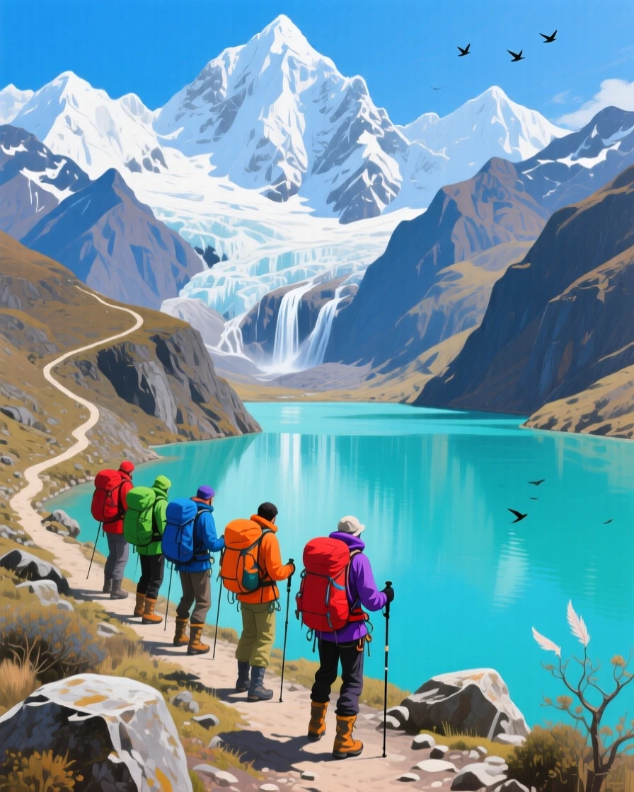 The Cordillera Blanca in Peru towers above a turquoise lagoon fed by melting glaciers, a group of trekkers with colorful packs following a switchback trail along the ridge, with the crisp, still air carrying only the faintest sounds of distant birdsong.