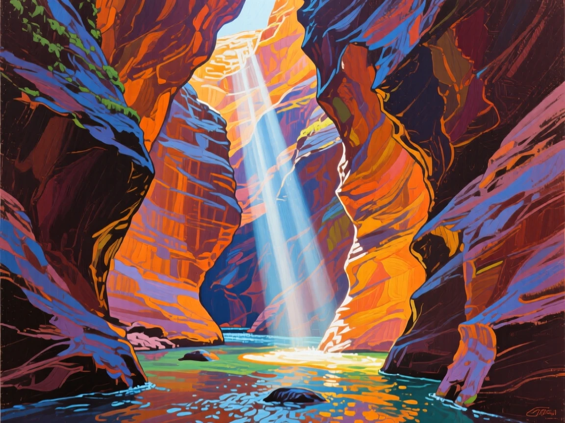A canyon slot carved by water over centuries, beams of light piercing down through a narrow opening above