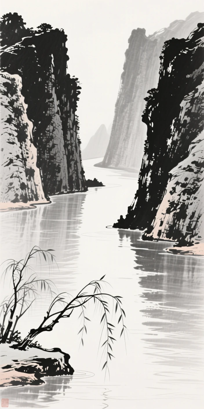 a slow river reflecting the surrounding cliffs, with willow branches trailing into the water.