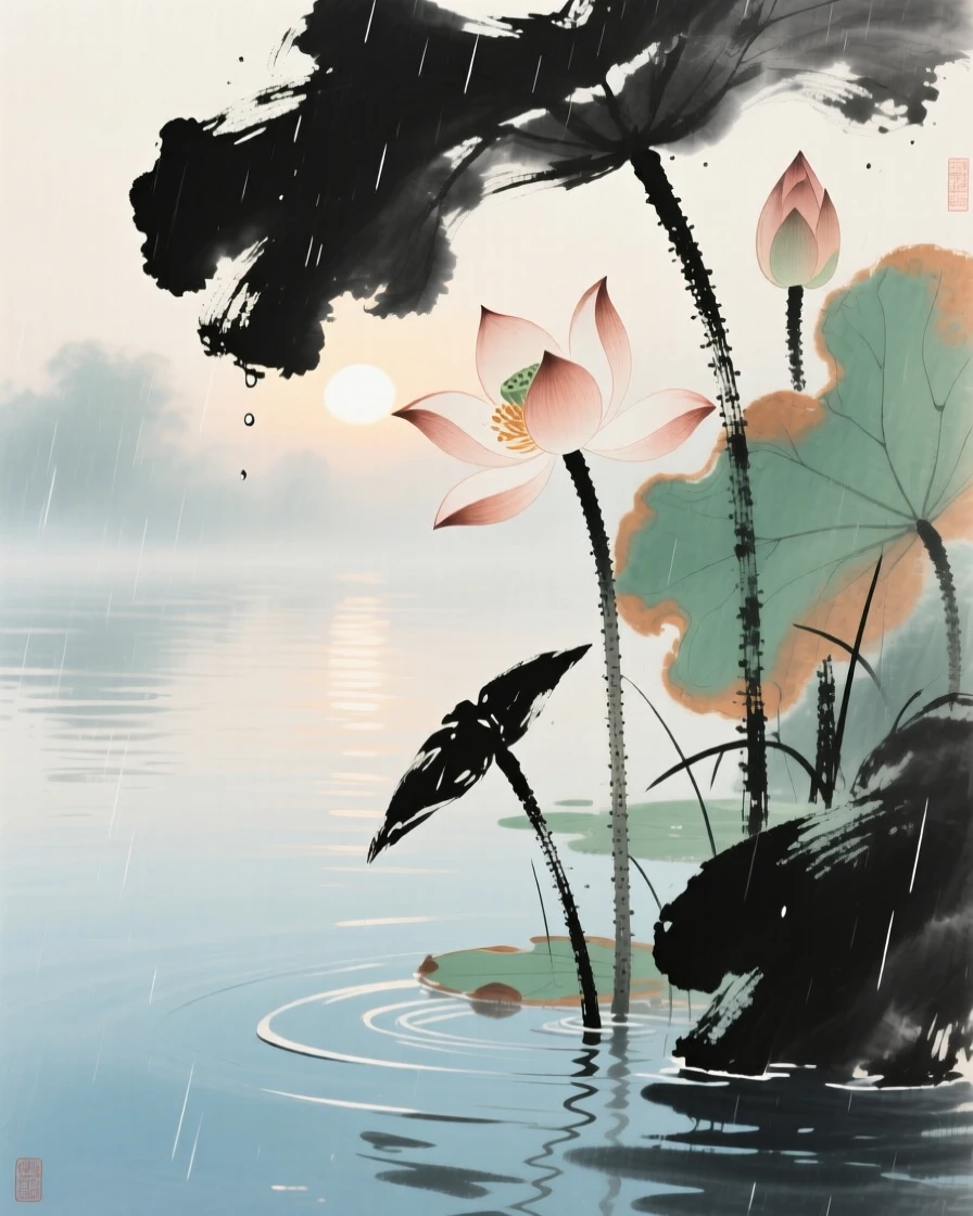 Lotus flowers opening at first light above a still pond, conveying a deep sense of harmony with nature, in a gentle drizzle.