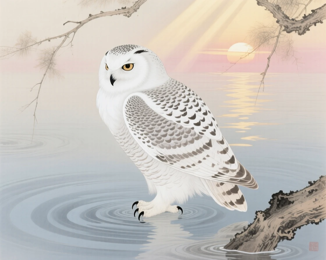 A snowy owl standing on one leg in shallow water at sunrise, soft morning light filtering through the branches