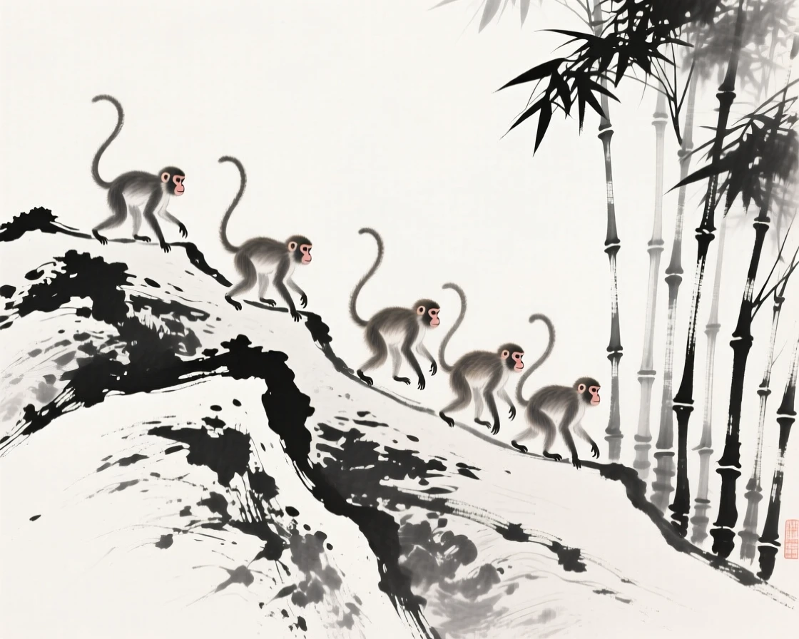A troop of monkeys moving cautiously along a rocky ridge through a bamboo thicket, captured in profile against a soft, empty background, capturing a fleeting, tender moment of wild life.
