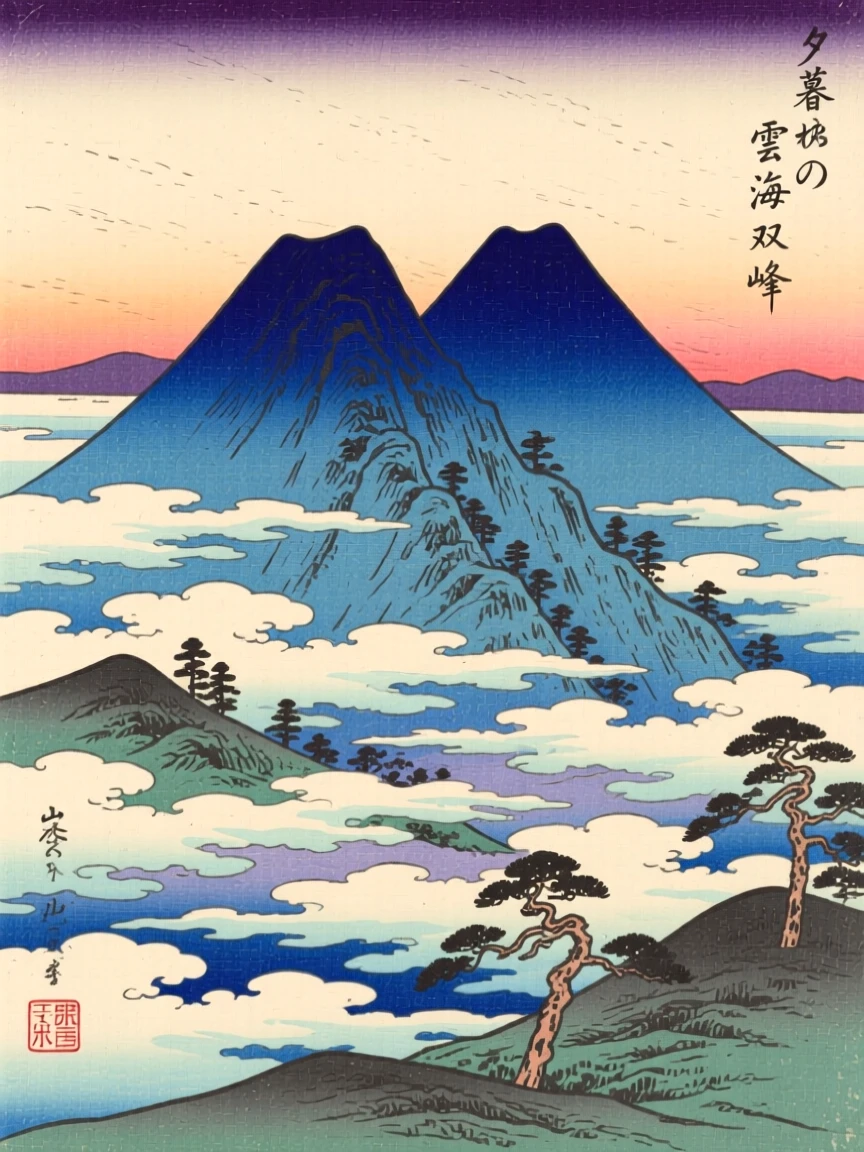 A twin-peaked ridge, above a sea of clouds, at dusk.