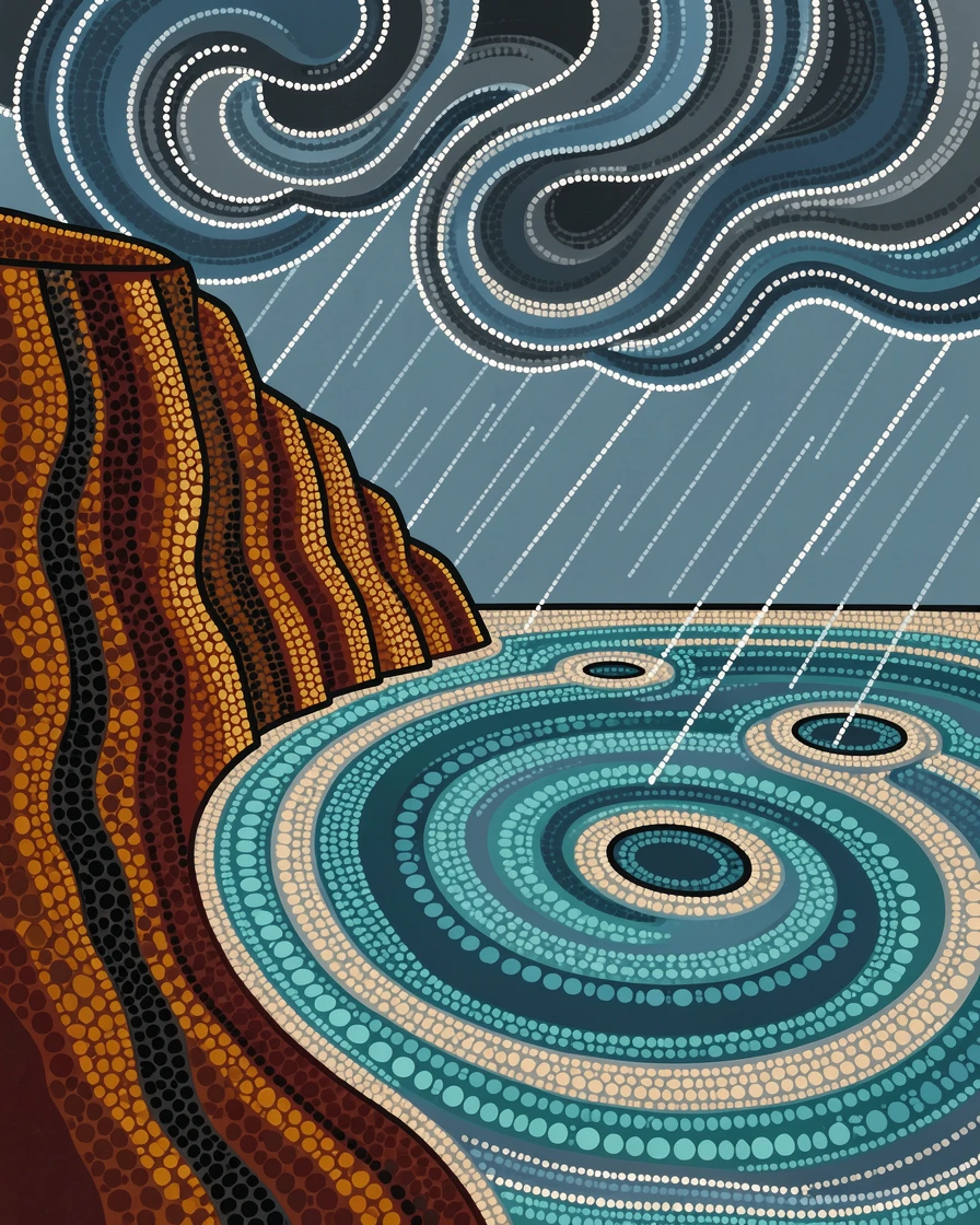 A cliff-bound lagoon during a dramatic storm