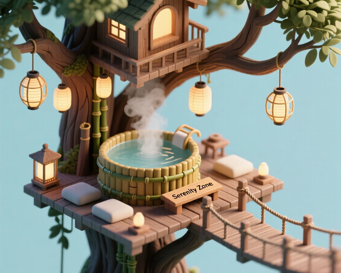 A treehouse spa built among the branches, with a bamboo hot tub, hanging lanterns, a rope bridge to a meditation deck, and steam rising into the cool morning air.