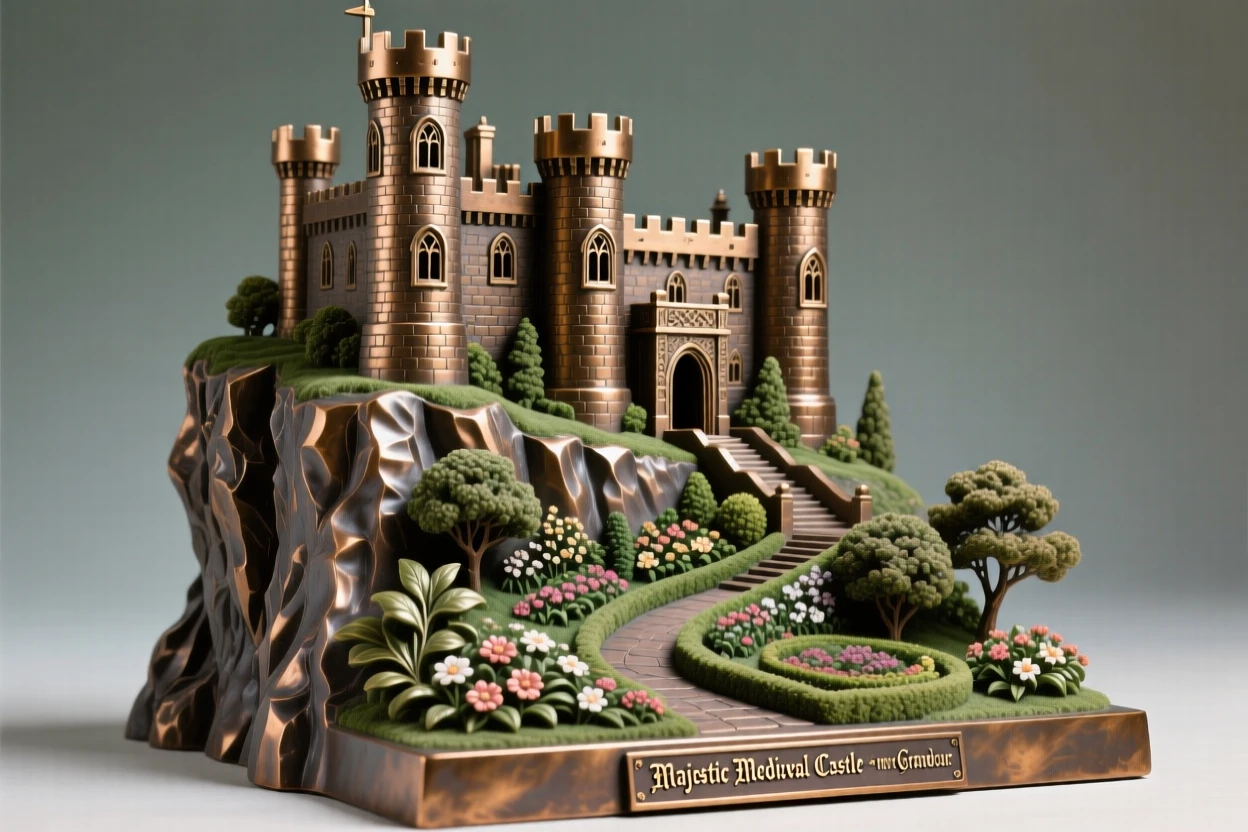 A majestic medieval castle perched on a cliffside, surrounded by lush, verdant gardens, exuding timeless grandeur