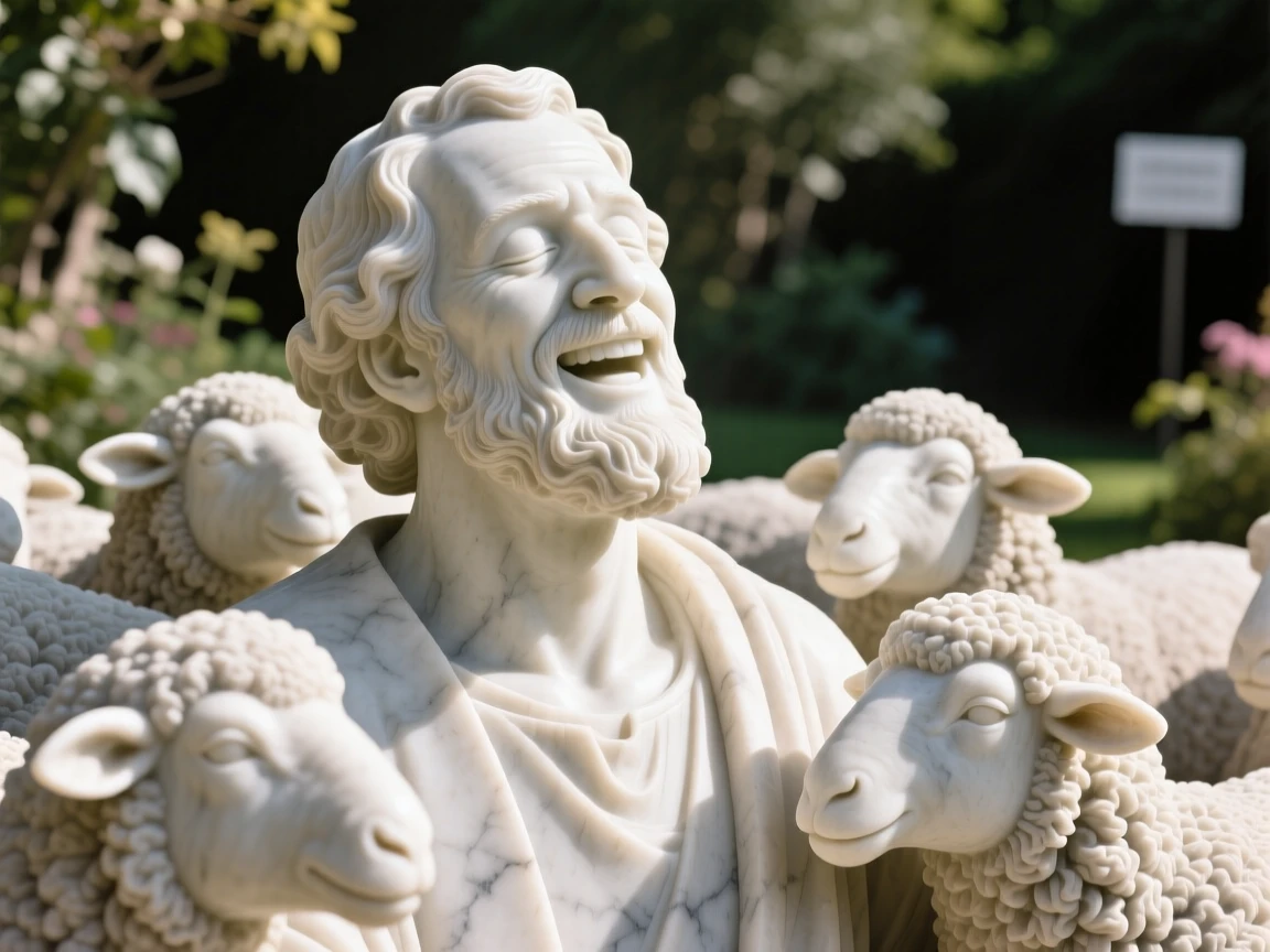 A close-up portrait of a shepherd with his flock, caught mid-laugh with eyes closed, in a sunlit garden, radiating quiet emotion and dignity