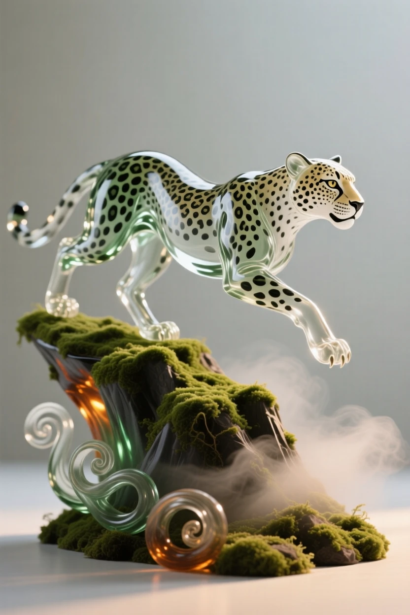 A cheetah mid-sprint standing alert on a moss-covered ridge at first light, mist curling around its paws, the scene calm and quietly majestic.