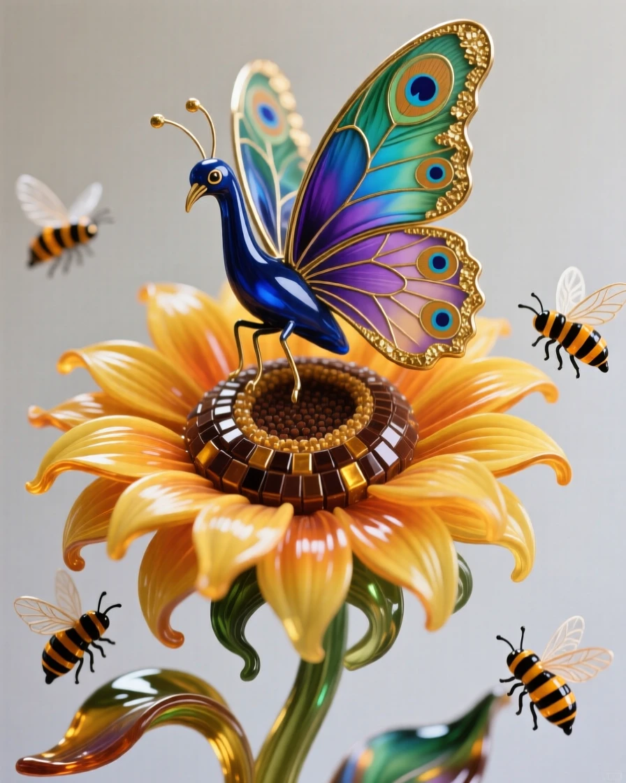 A peacock butterfly perched on a sunflower in full bloom, vivid and delicate, bees drifting lazily nearby.
