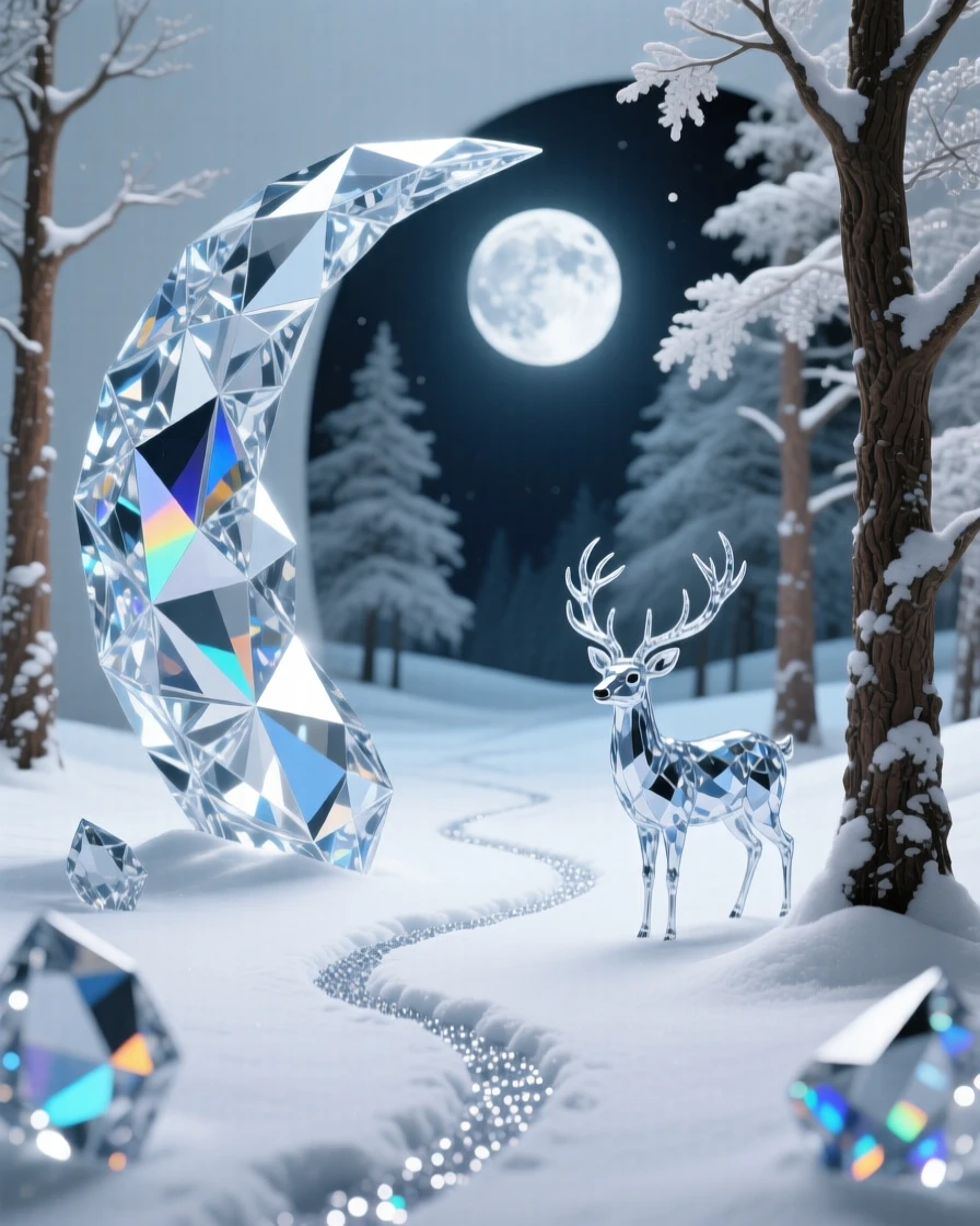 A moonlit forest clearing blanketed in fresh snow, deer tracks leading toward the trees.