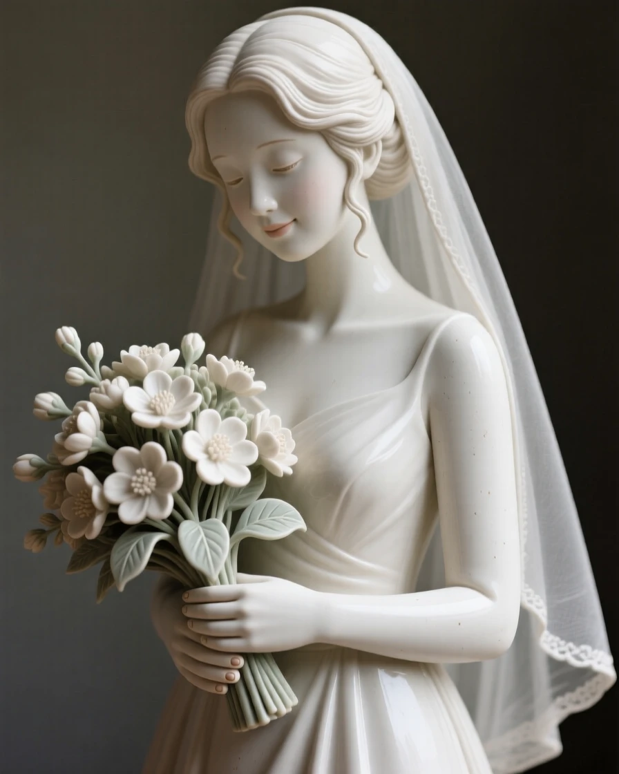 A bride cradling a bouquet of blossoms caught in an intimate, unguarded moment, adorned with simple, elegant ornamentation, filling the scene with joy and gentle wonder.
