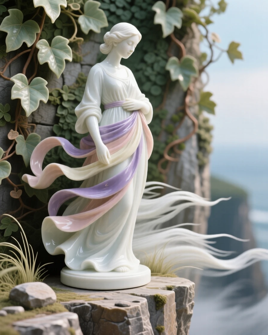 A young mother standing atop a windswept cliff, wearing layered silk ribbons, a faint, knowing smile on her lips, set against an ivy-covered garden wall.