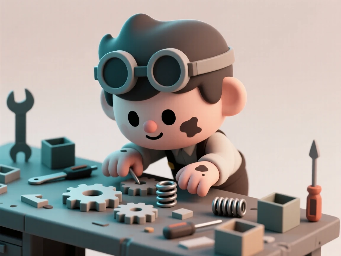 A determined inventor tinkers with gears and springs at a cluttered workbench, goggles pushed up on his forehead and oil on his hands.