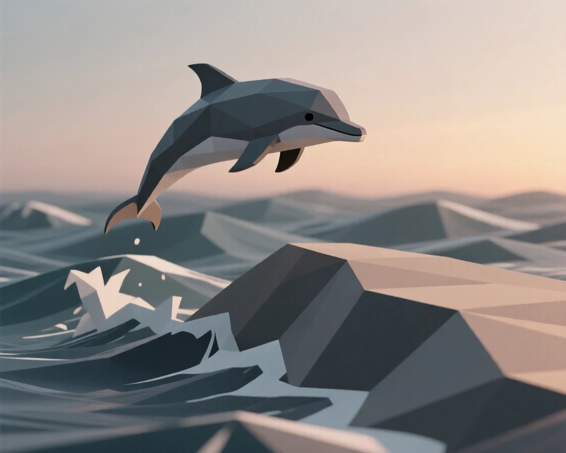 A dolphin leaping over rolling waves, on a windswept ridge at dusk. the framing draws the eye directly to its gaze. The scene radiates quiet strength.