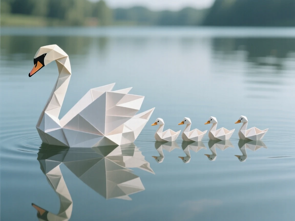 A mother swan gliding across a still lake with her cygnets in a neat line behind her, reflections mirrored on the water.