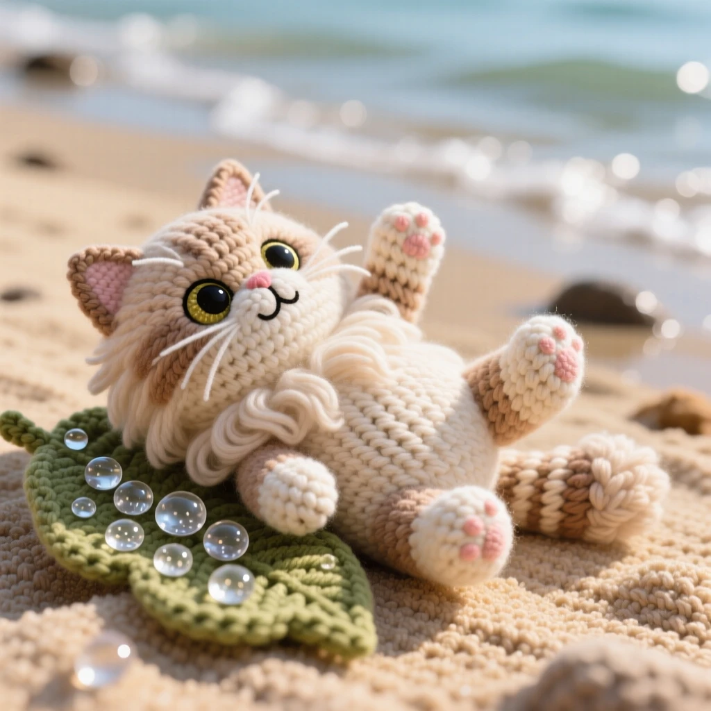 a fluffy Persian cat with a squashed nose and long silky fur is shown lounging on its back with paws in the air within a sandy beach at low tide, accompanied by a cluster of dewdrops on a nearby leaf, capturing a moment of pure innocent joy.